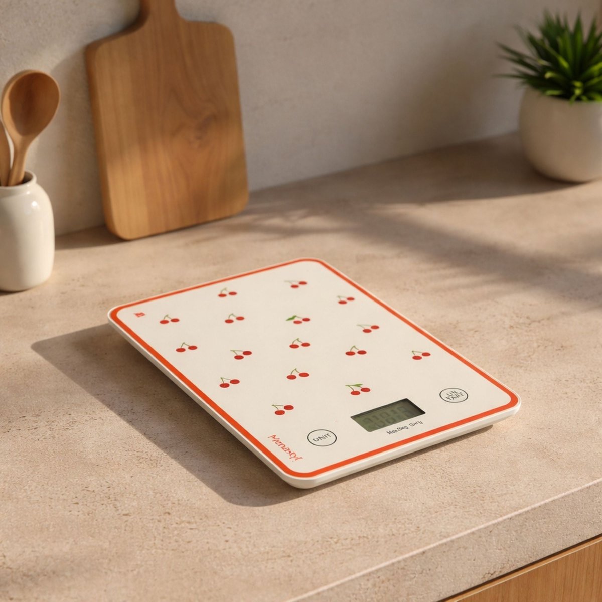 Balance de cuisine électronique motif cerises rouges sur fond blanc, posée sur plan de travail beige avec décor bois