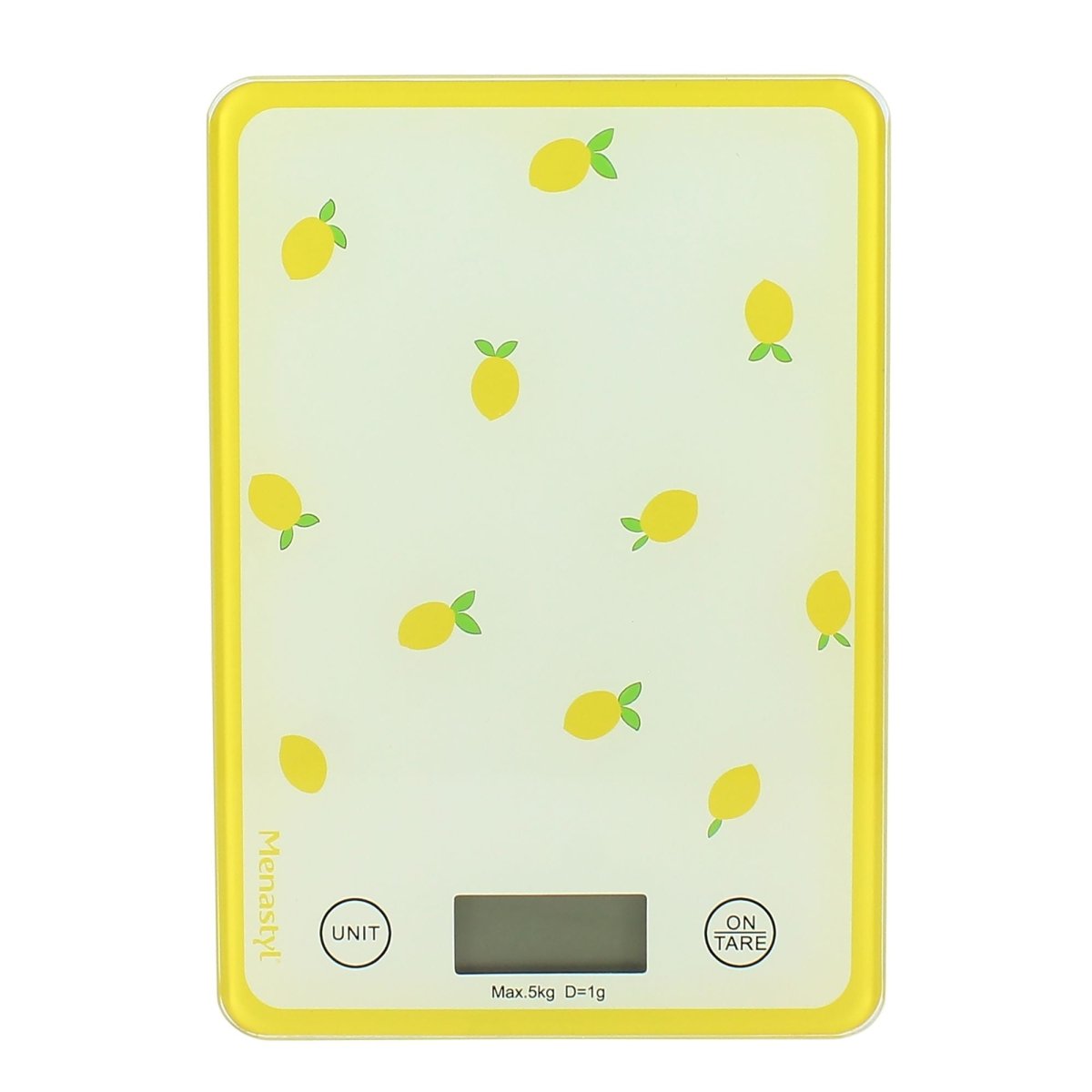 Balance de cuisine électronique Menastyl motif citrons jaunes sur fond vert pastel, vue de face avec écran digital