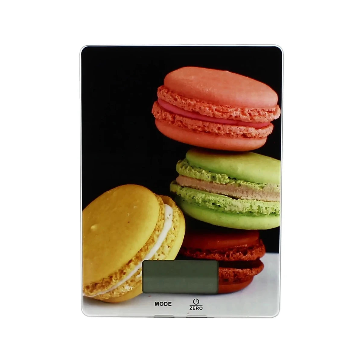 Balance de cuisine électronique Menastyl avec plateau en verre trempé motif macarons colorés, écran LCD