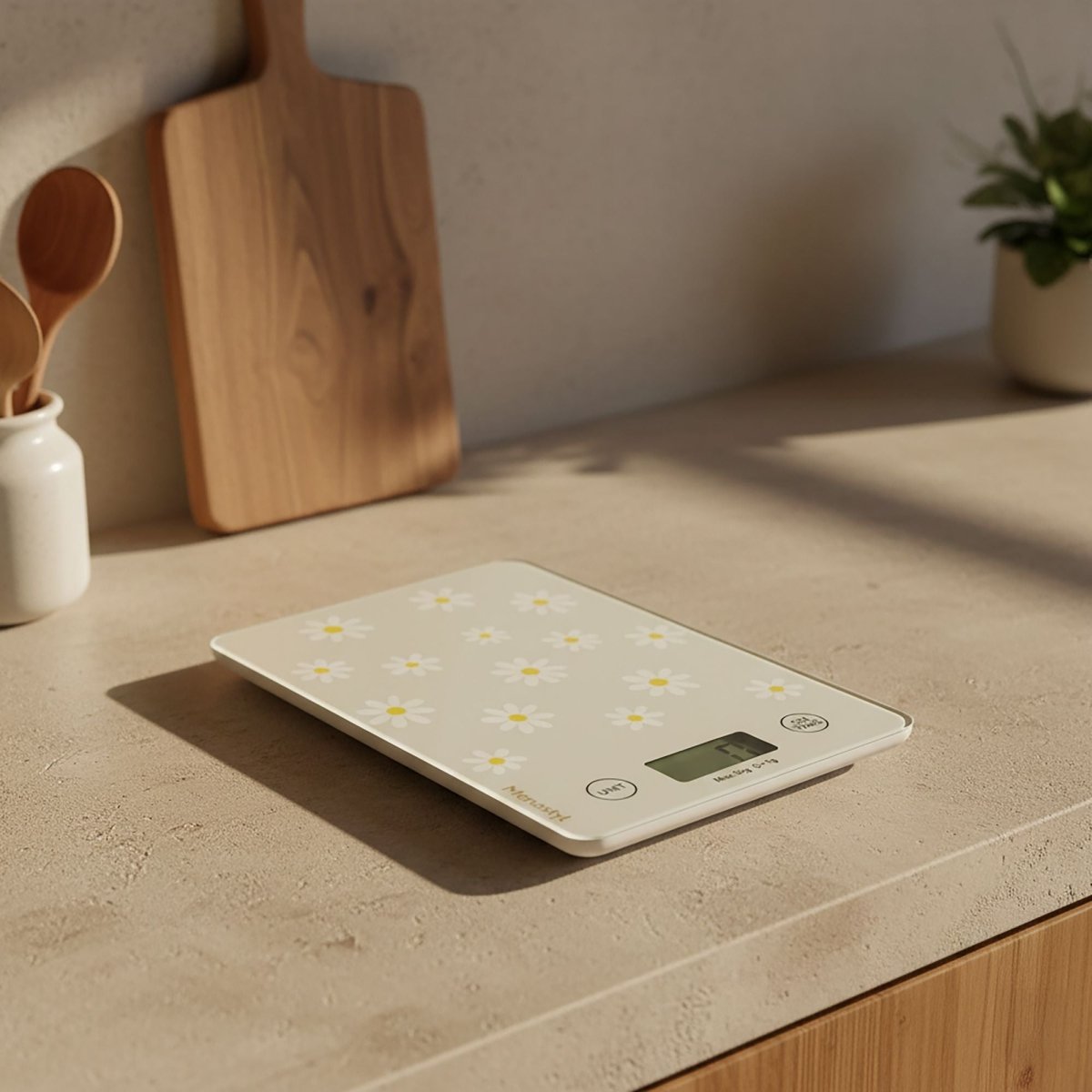 Balance de cuisine électronique Marguerite avec motif floral blanc et jaune, posée sur plan de travail beige