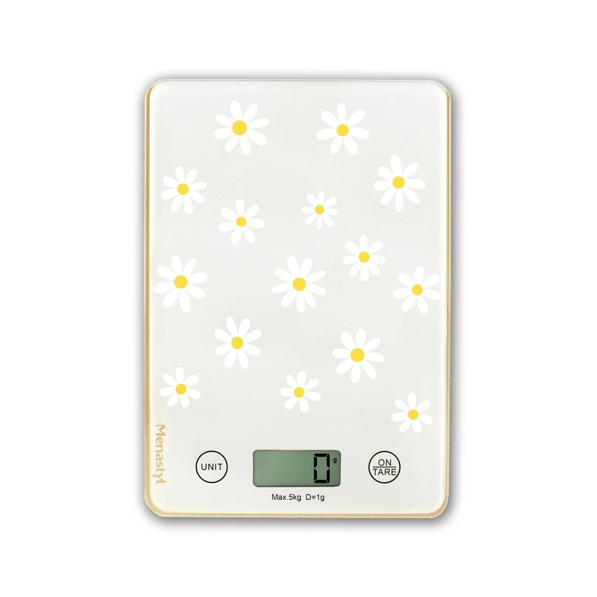 Balance de cuisine électronique Menastyl motif marguerites blanches et jaunes sur fond beige clair