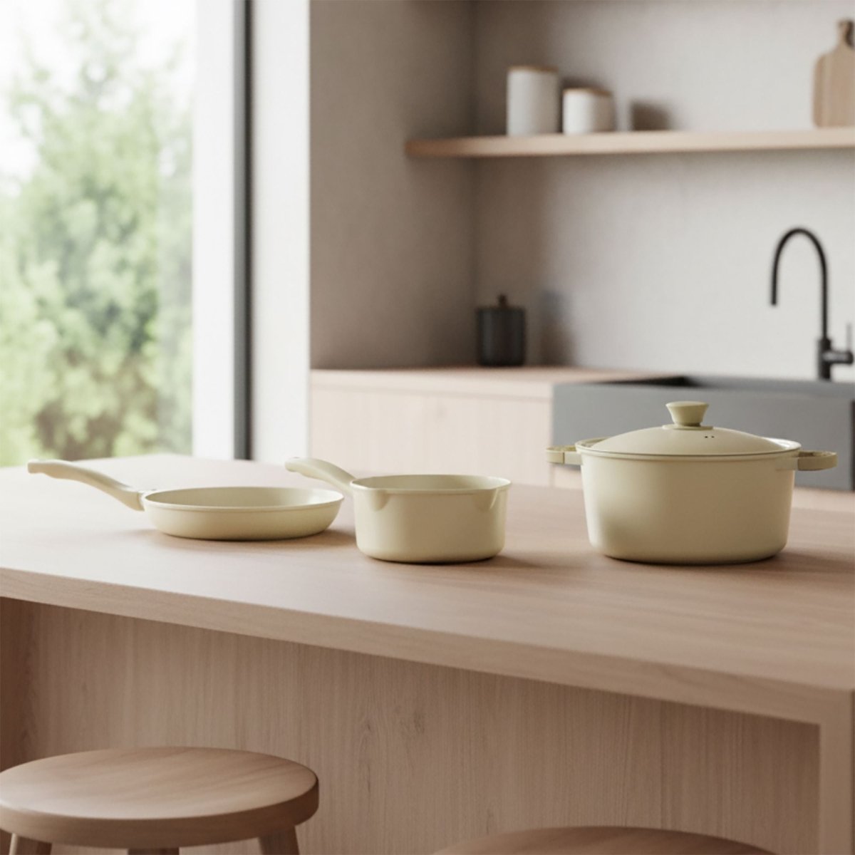 Poêle Pure 28cm crème en fonte d'aluminium recyclé, posée sur îlot cuisine bois clair avec casseroles assorties