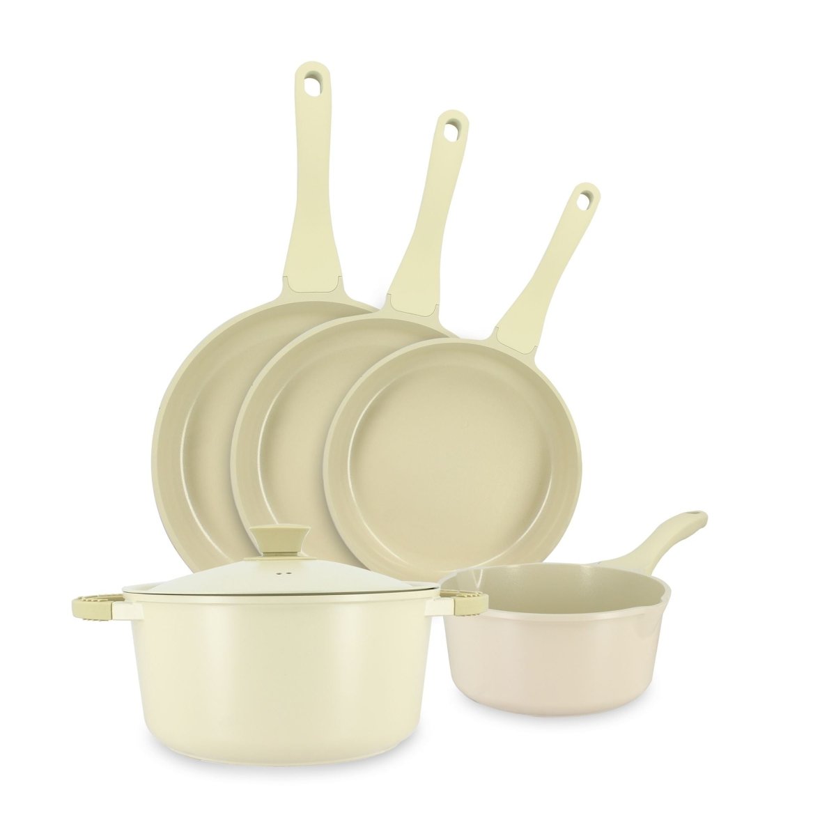 Batterie de cuisine 5 pièces Pure Menastyl en fonte d'aluminium recyclé crème, vue d'ensemble avec casseroles et poêles