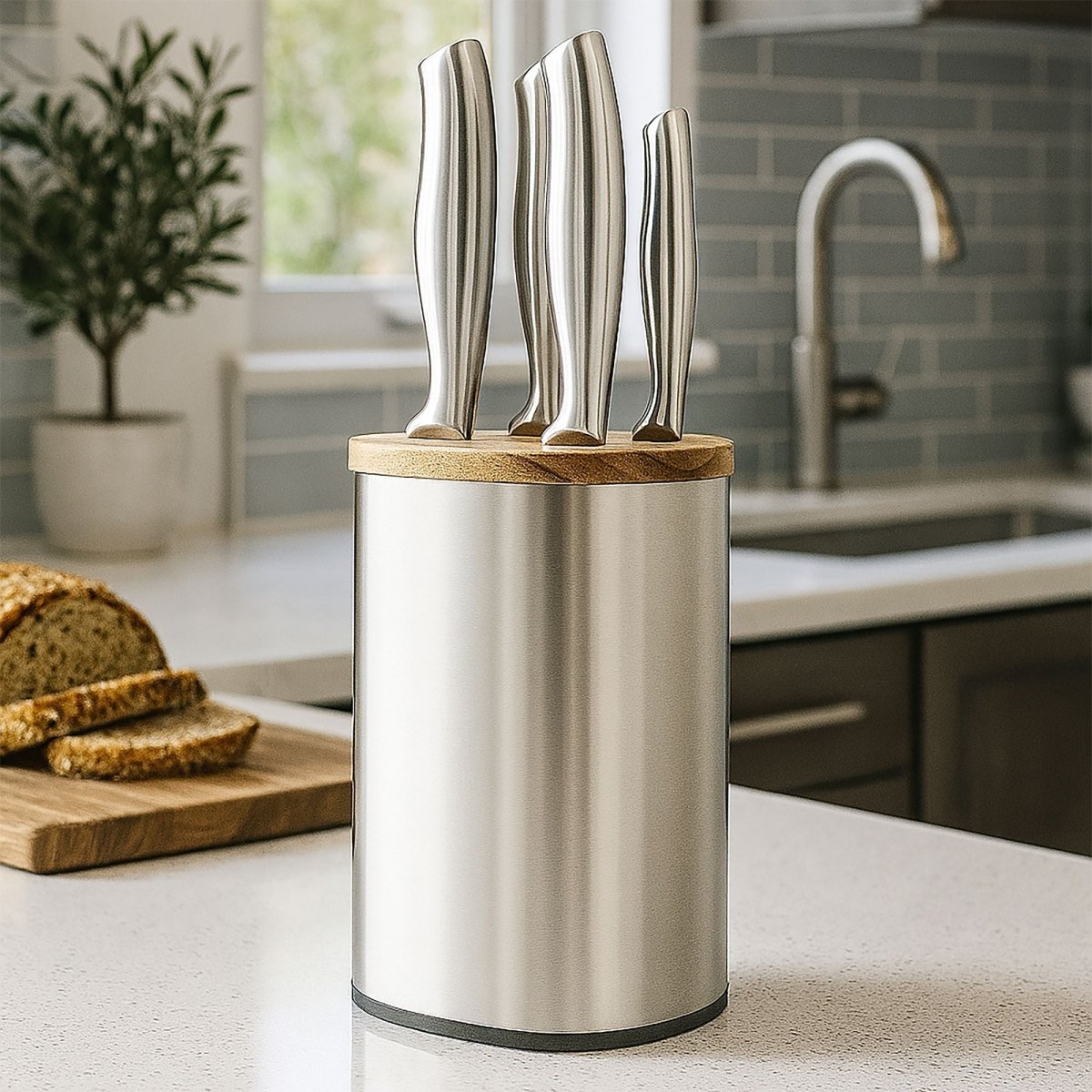 Bloc à couteaux 5 pièces en acier inoxydable avec couvercle bois, posé sur plan de travail cuisine moderne