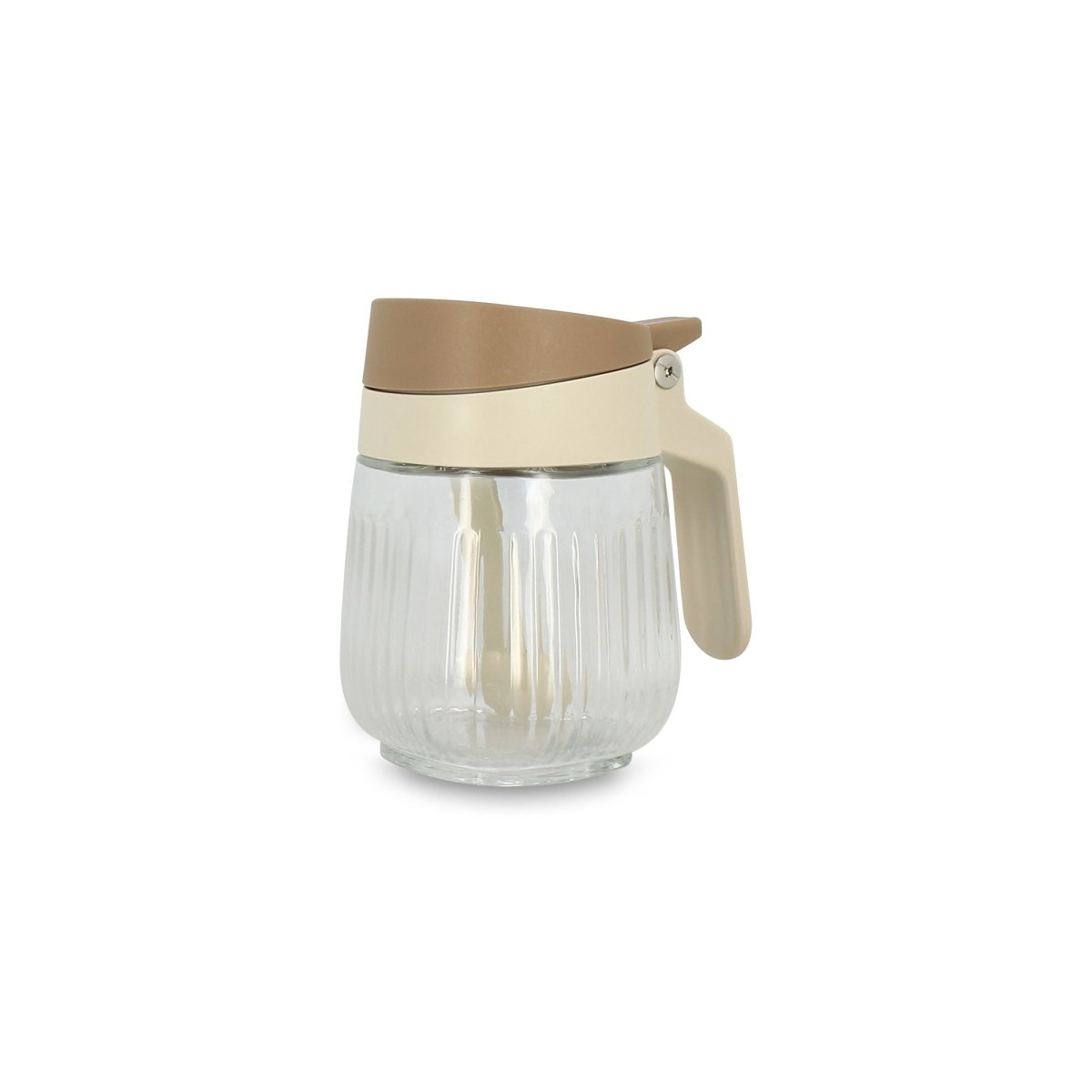 Bocal à épices en verre strié avec verseur crème et bouchon beige, vue latérale sur fond blanc