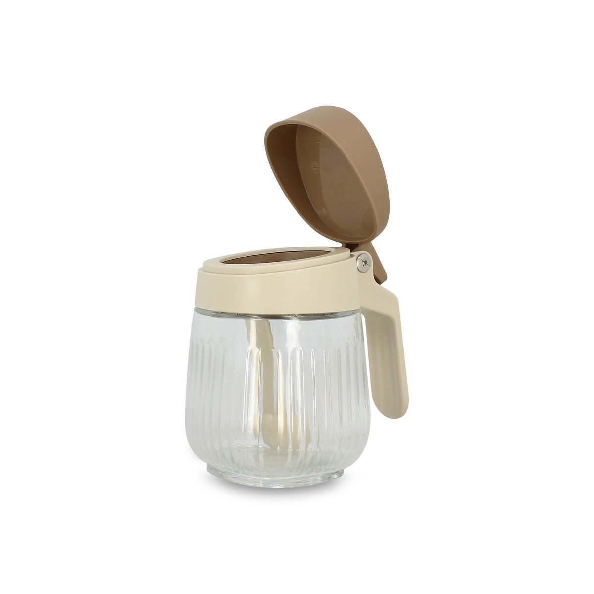 Bocal à épices en verre transparent et polypropylène crème avec couvercle ouvert, vue de trois-quarts