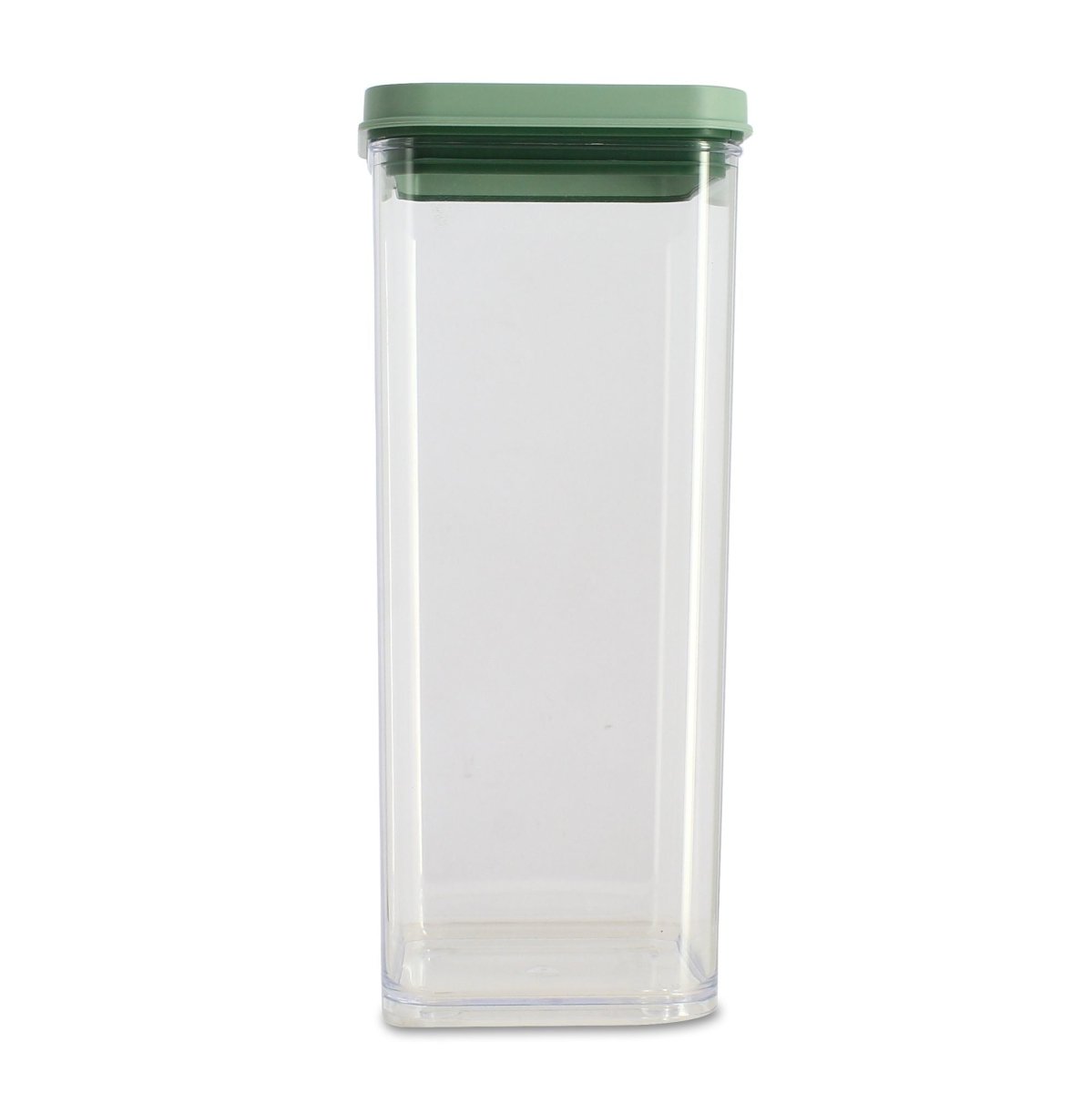 Boîte hermétique 1,5L transparente avec couvercle vert Menastyl, vue de face sur fond blanc