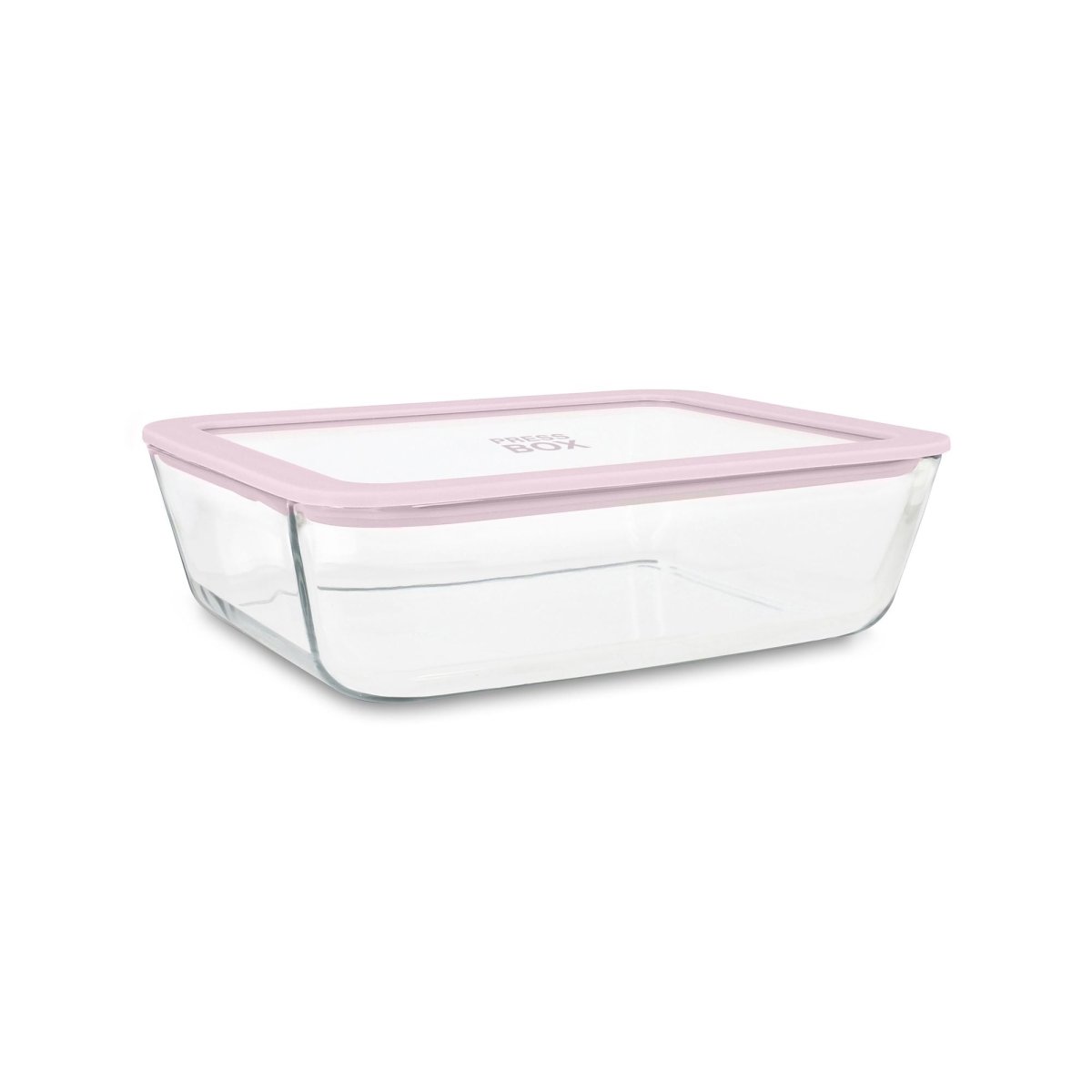Boîte hermétique rectangulaire Pressbox 1,55L en verre transparent avec couvercle rose poudré, vue en perspective