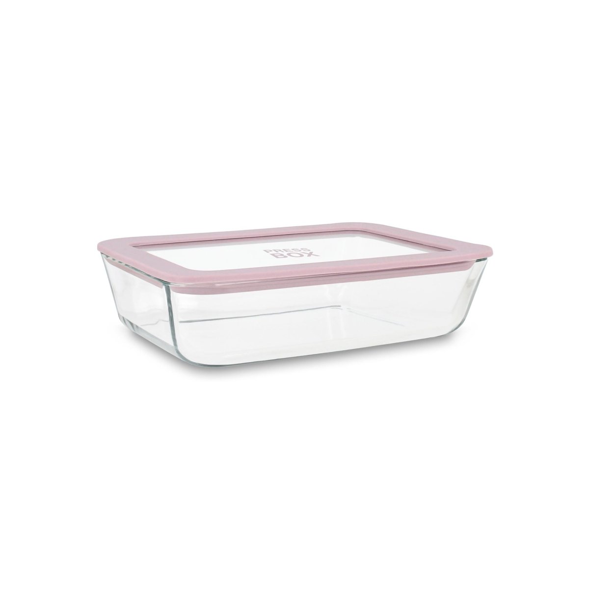 Boîte hermétique rectangulaire en verre avec couvercle rose Pressbox 820ml, vue en perspective trois-quarts