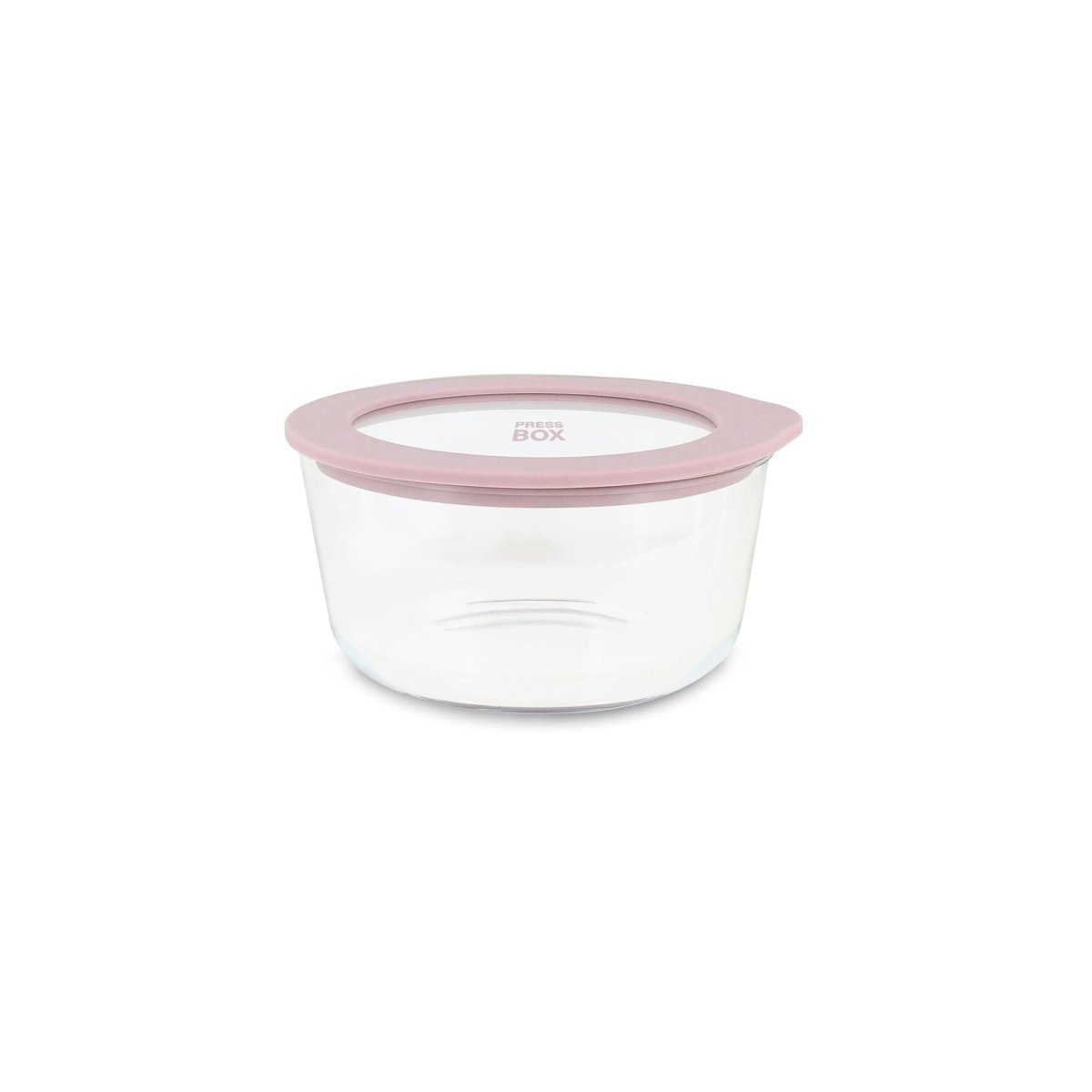 Boîte hermétique ronde Pressbox 250ml en verre transparent avec couvercle rose poudré, vue de face sur fond blanc