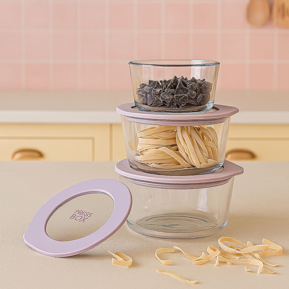 Trois boîtes hermétiques rondes Pressbox en verre borosilicate empilées avec couvercles roses et aliments visibles