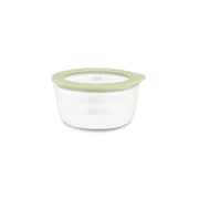 Boîte hermétique ronde Pressbox 250ml Menastyl en verre borosilicate transparent avec couvercle vert, vue de face