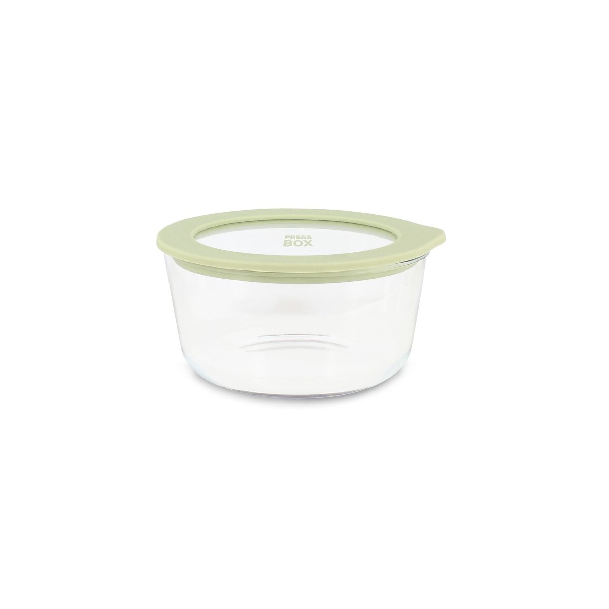 Boîte hermétique ronde Pressbox 250ml Menastyl en verre borosilicate transparent avec couvercle vert, vue de face