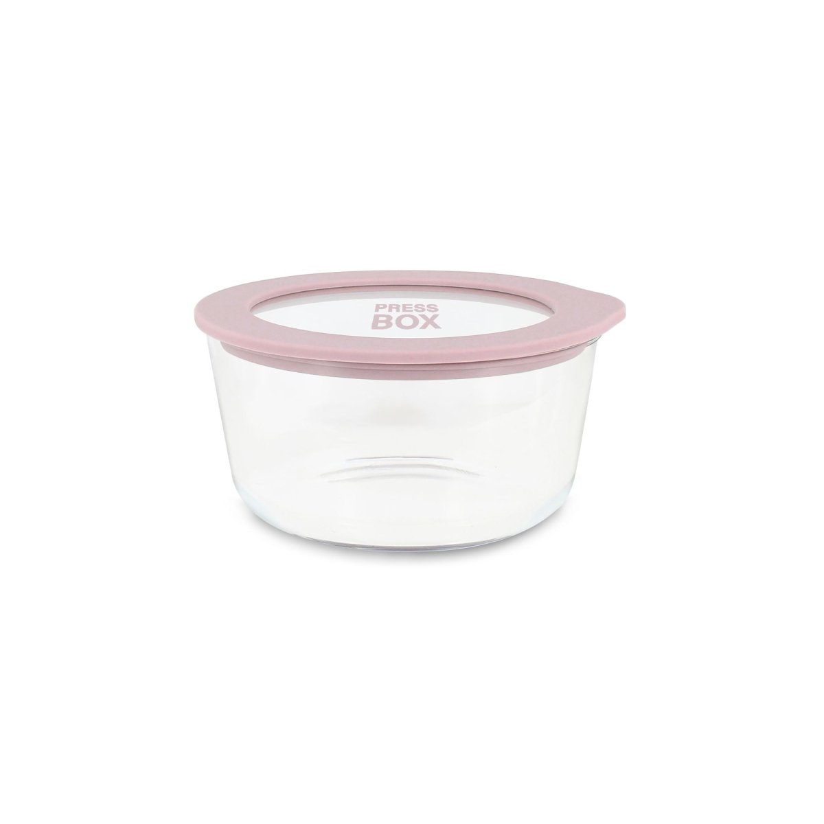 Boîte hermétique ronde Pressbox 470ml en verre borosilicate transparent avec couvercle rose poudré, vue trois-quarts
