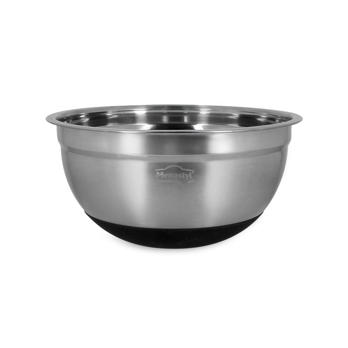 Bol à mélanger 22cm en acier inoxydable avec base antidérapante noire Menastyl, vue de face sur fond blanc
