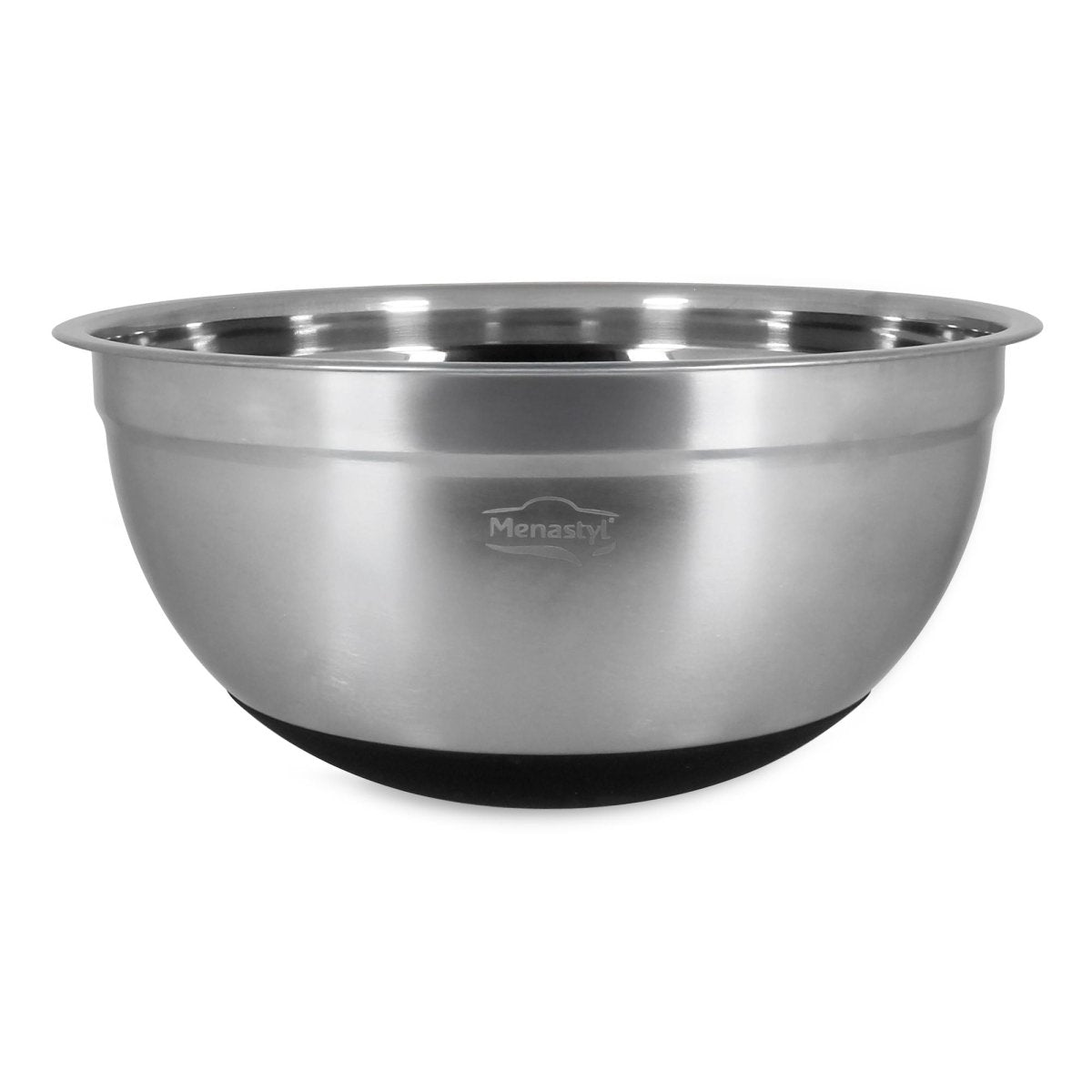 Bol à mélanger inox 25cm Menastyl avec base antidérapante noire, vue de face sur fond blanc