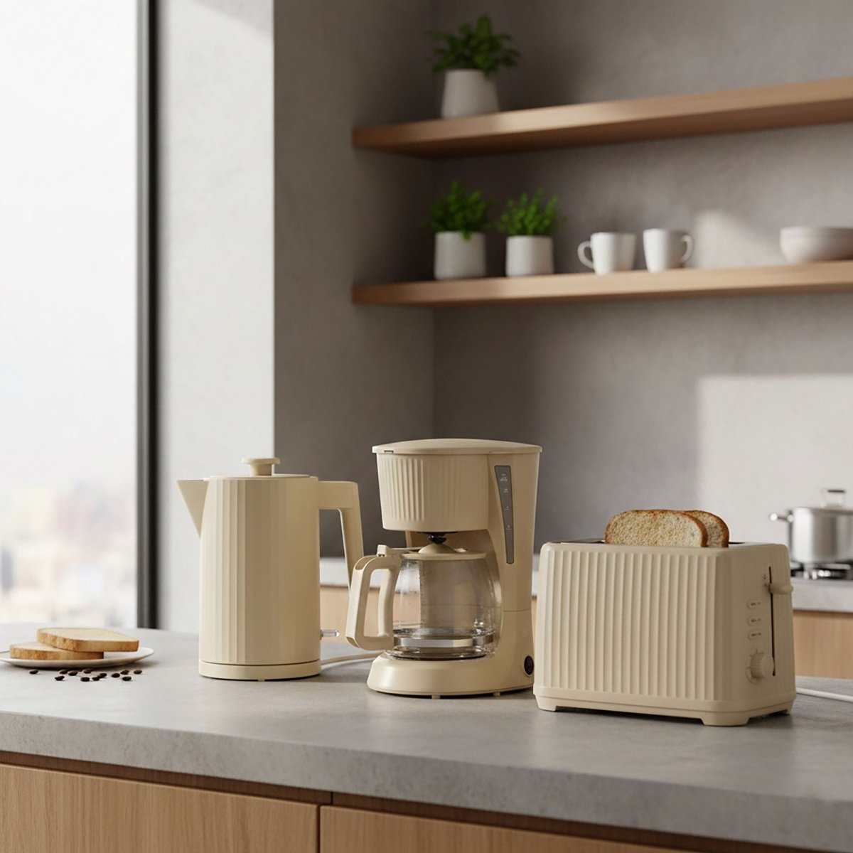Bouilloire électrique 1,7L crème striée avec cafetière et grille-pain assortis sur plan de travail moderne