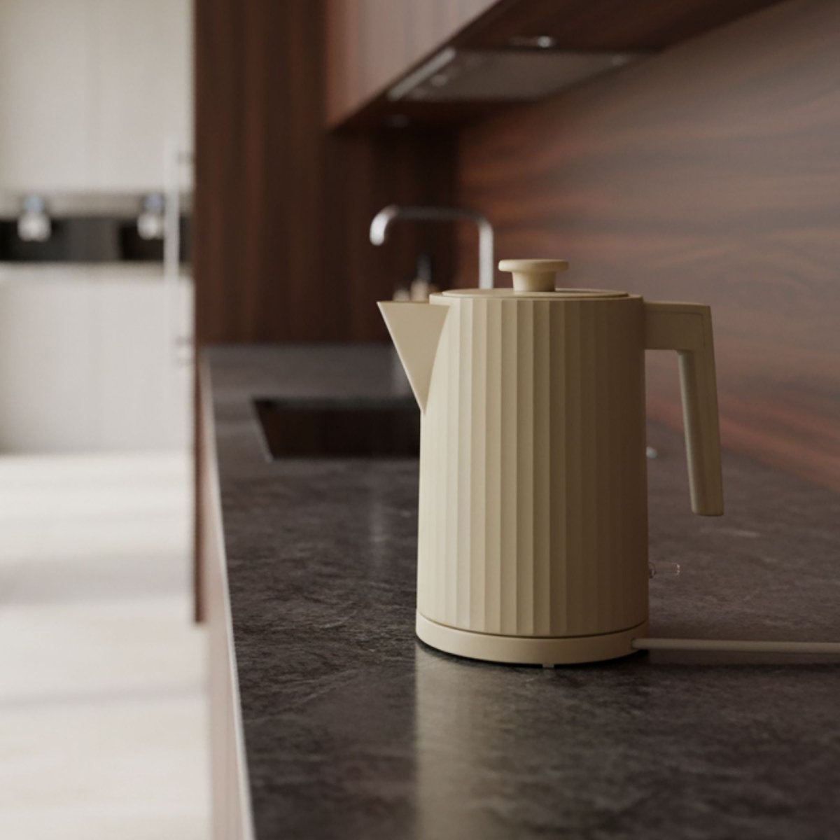 Bouilloire électrique 1,7L crème striée posée sur plan de travail, design moderne et élégant