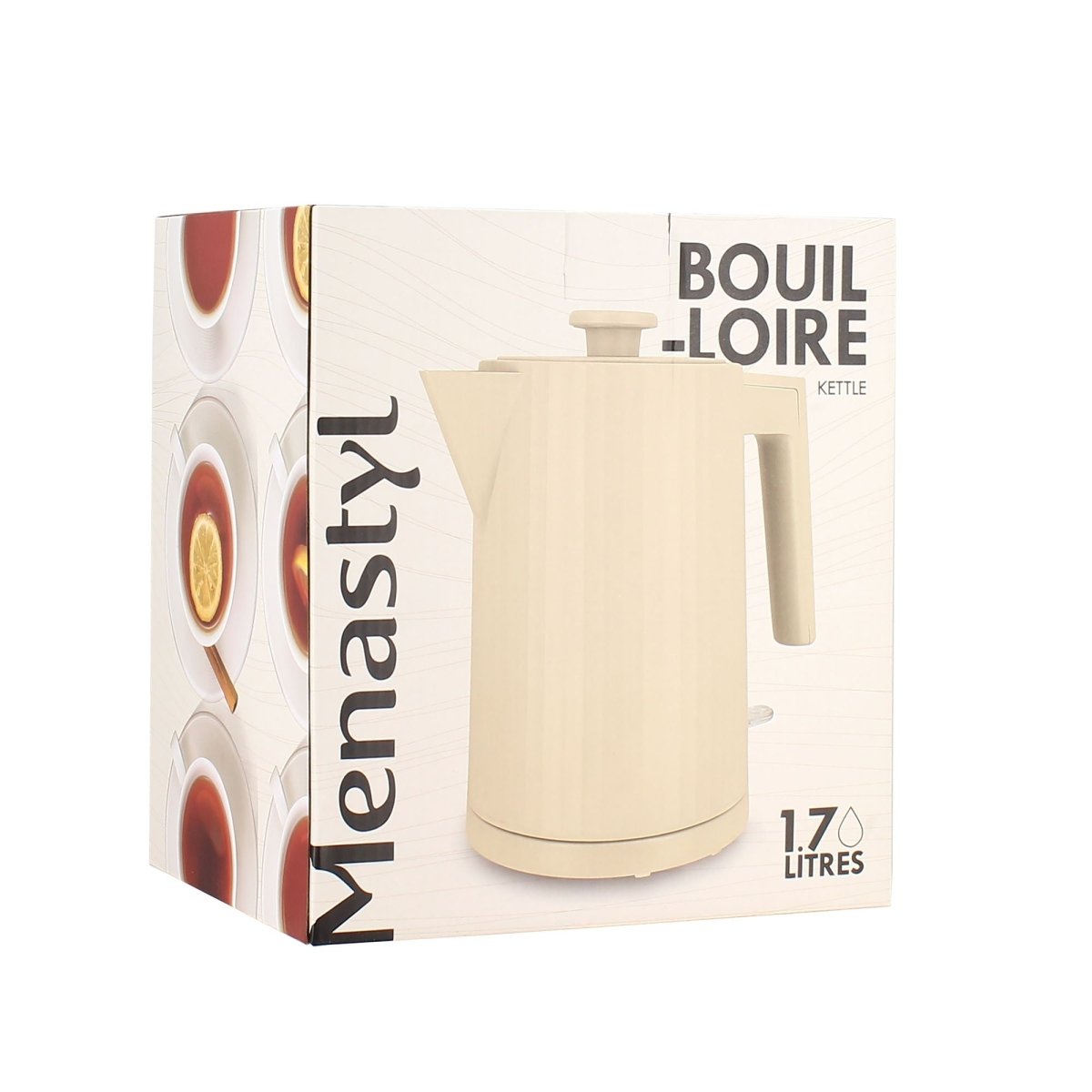 Packaging de la bouilloire 1,7L crème en polypropylène strié, présentation en boîte avec vue produit et visuels dégustation thé