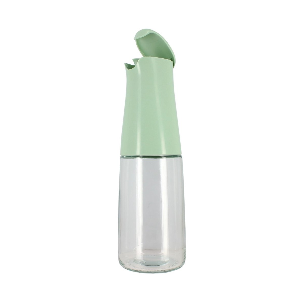 Bouteille d'huile 500ml Menastyl en verre transparent avec bec verseur vert, capuchon ouvert sur fond blanc