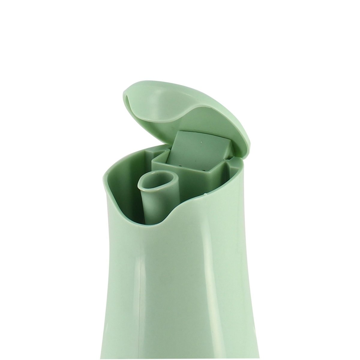 Bouteille d'huile 500 ml verte ouverte, vue rapprochée du bec verseur et couvercle basculant en plastique