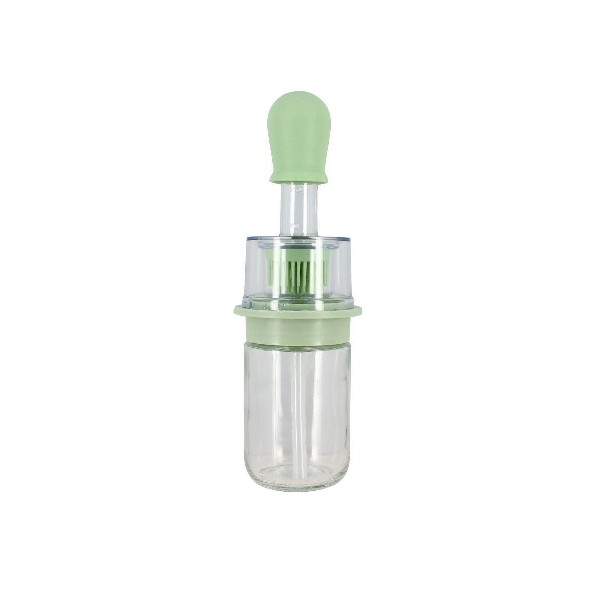 Bouteille d'huile avec brosse intégrée 18 cl Menastyl, verre transparent et silicone vert menthe, vue de face