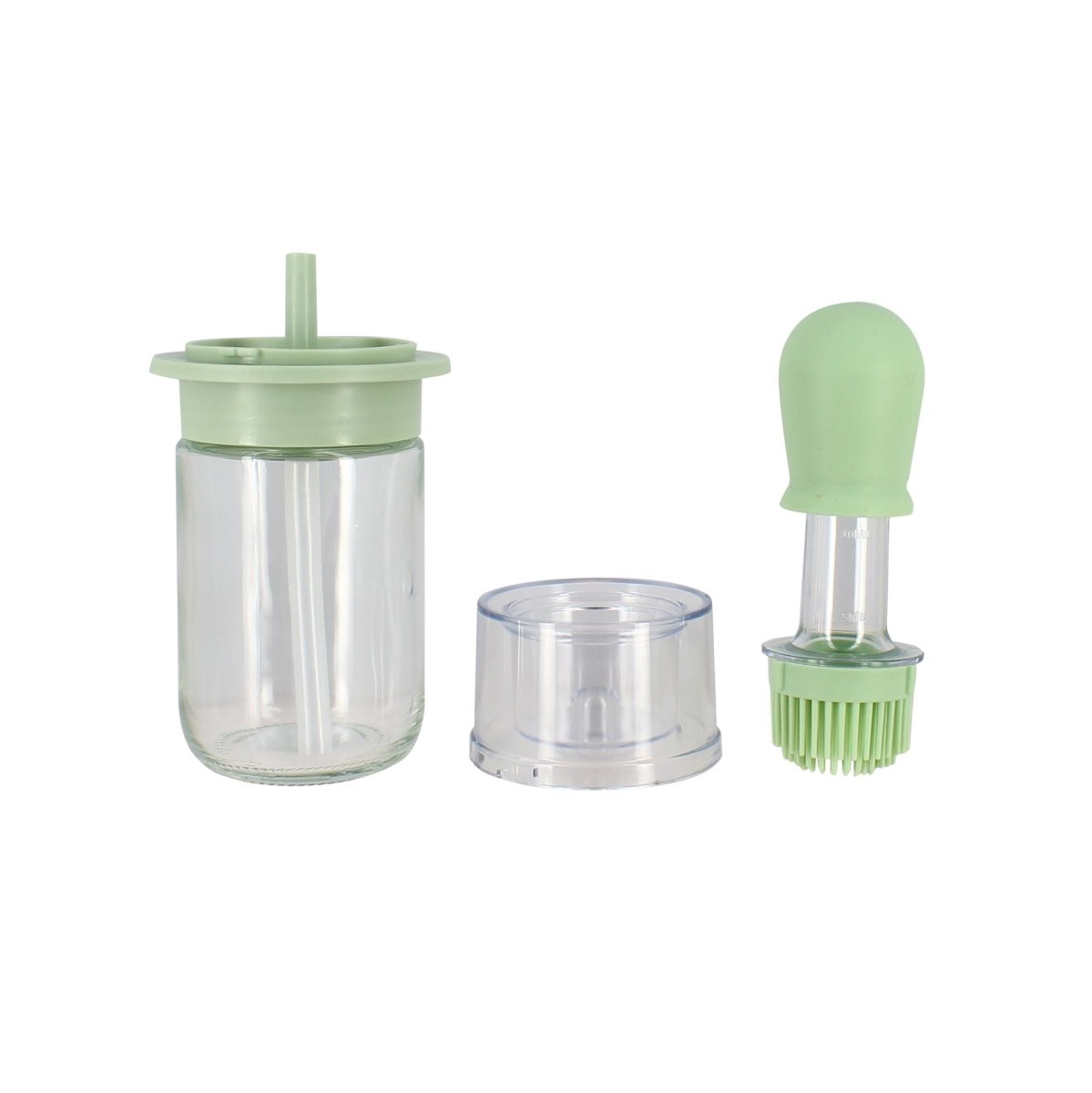 Bouteille d'huile avec brosse en verre et silicone vert, vue détaillée des trois composants séparés