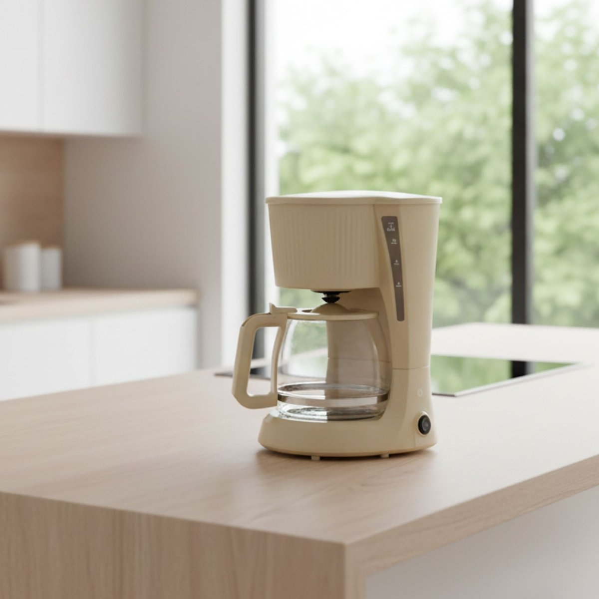 Cafetière électrique 12 tasses crème en polypropylène strié, posée sur table blanche près d'une fenêtre