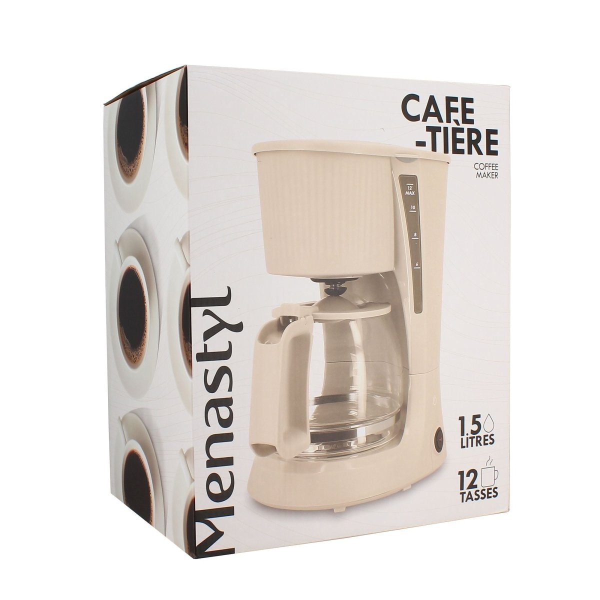 Packaging cafetière 12 tasses crème, vue de face avec visuel produit et capacité 1,5 litre