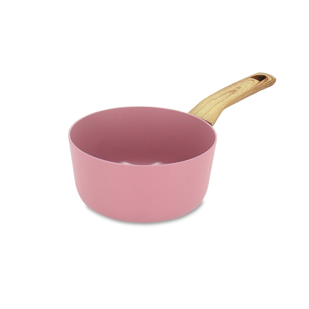 Casserole Colorama 16 cm rose avec manche bois, vue de trois quarts sur fond blanc