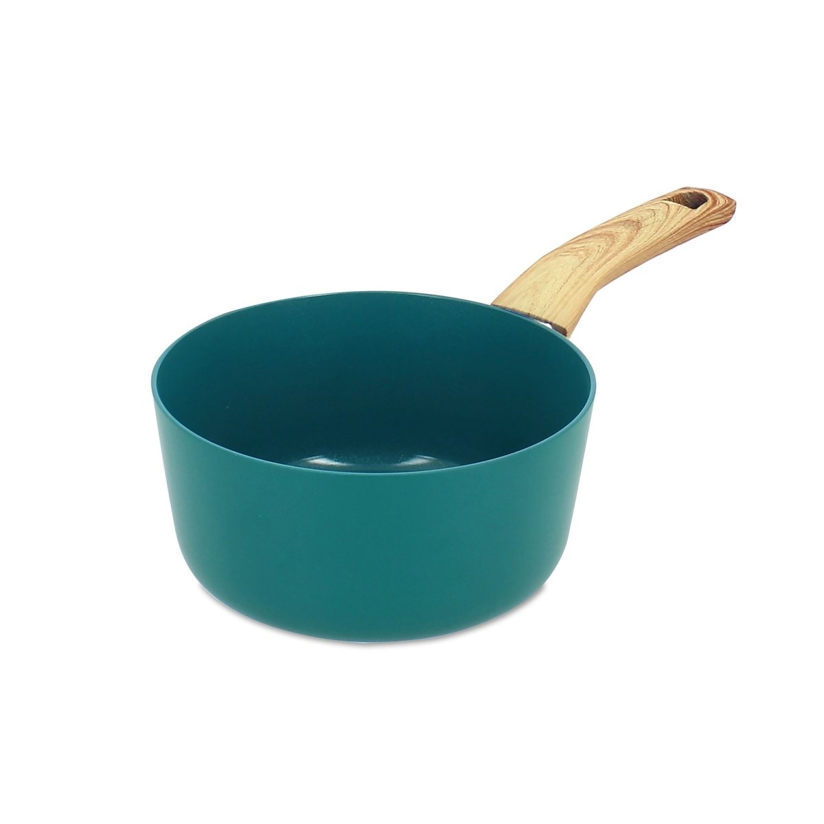 Casserole Colorama 16 cm en aluminium turquoise avec manche bois, vue de trois-quarts sur fond blanc