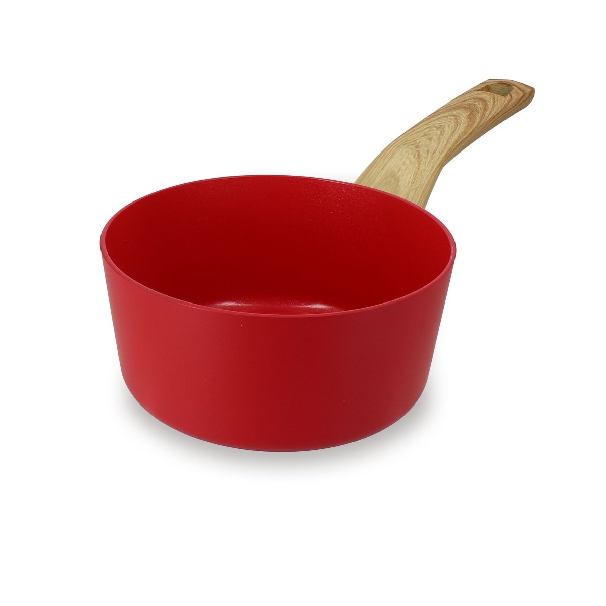 Casserole Colorama 16 cm rouge à poignée bois, vue en angle sur fond blanc