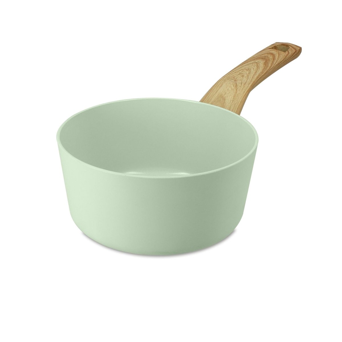Casserole Colorama 16 cm Menastyl vert menthe avec manche bois, vue trois quarts sur fond blanc