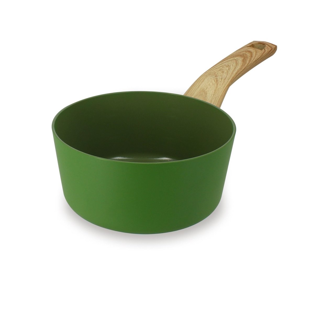 Casserole Colorama 16 cm verte en aluminium avec manche en bois, vue de trois quarts sur fond blanc
