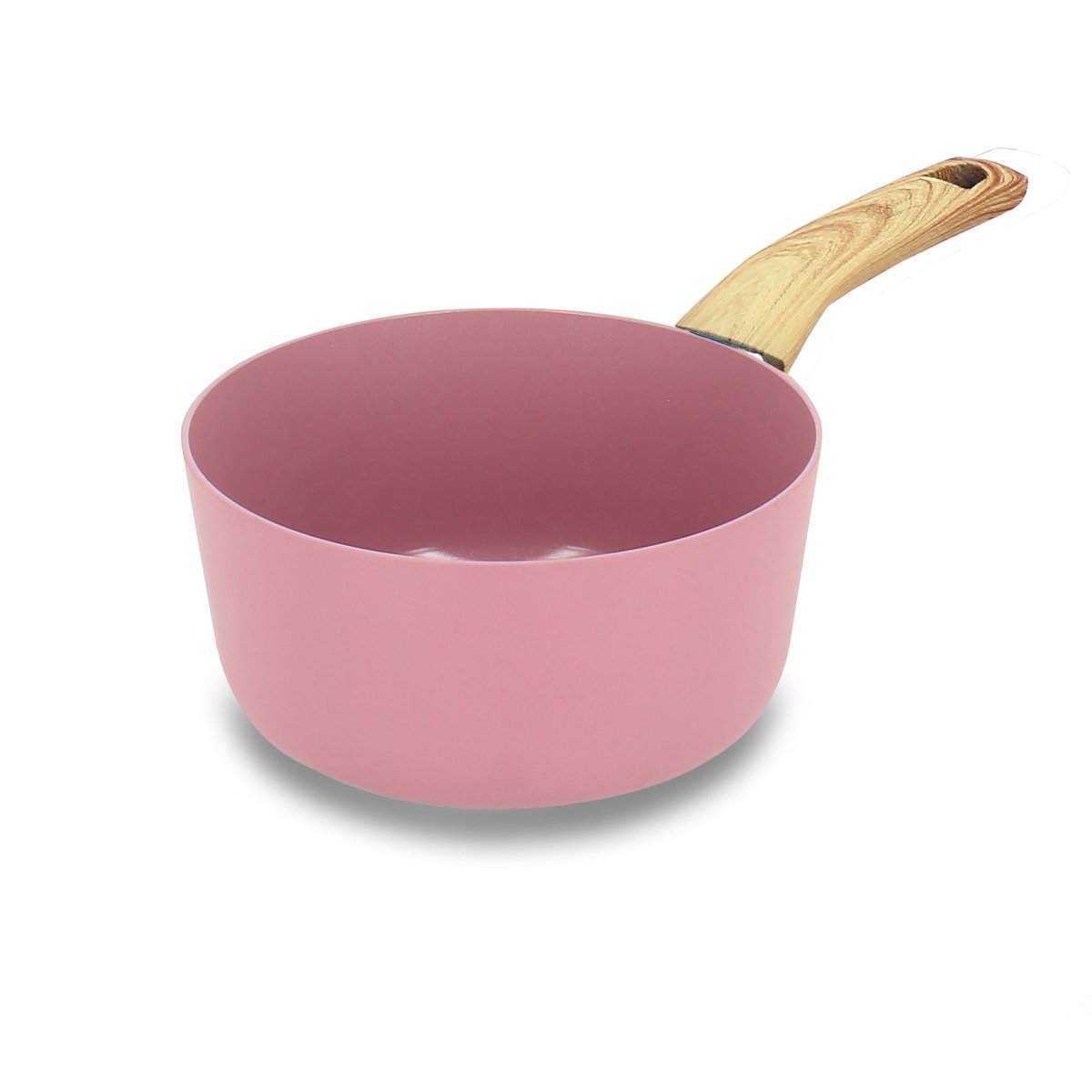 Casserole Colorama 16 cm rose avec manche bois, vue de trois quarts sur fond blanc