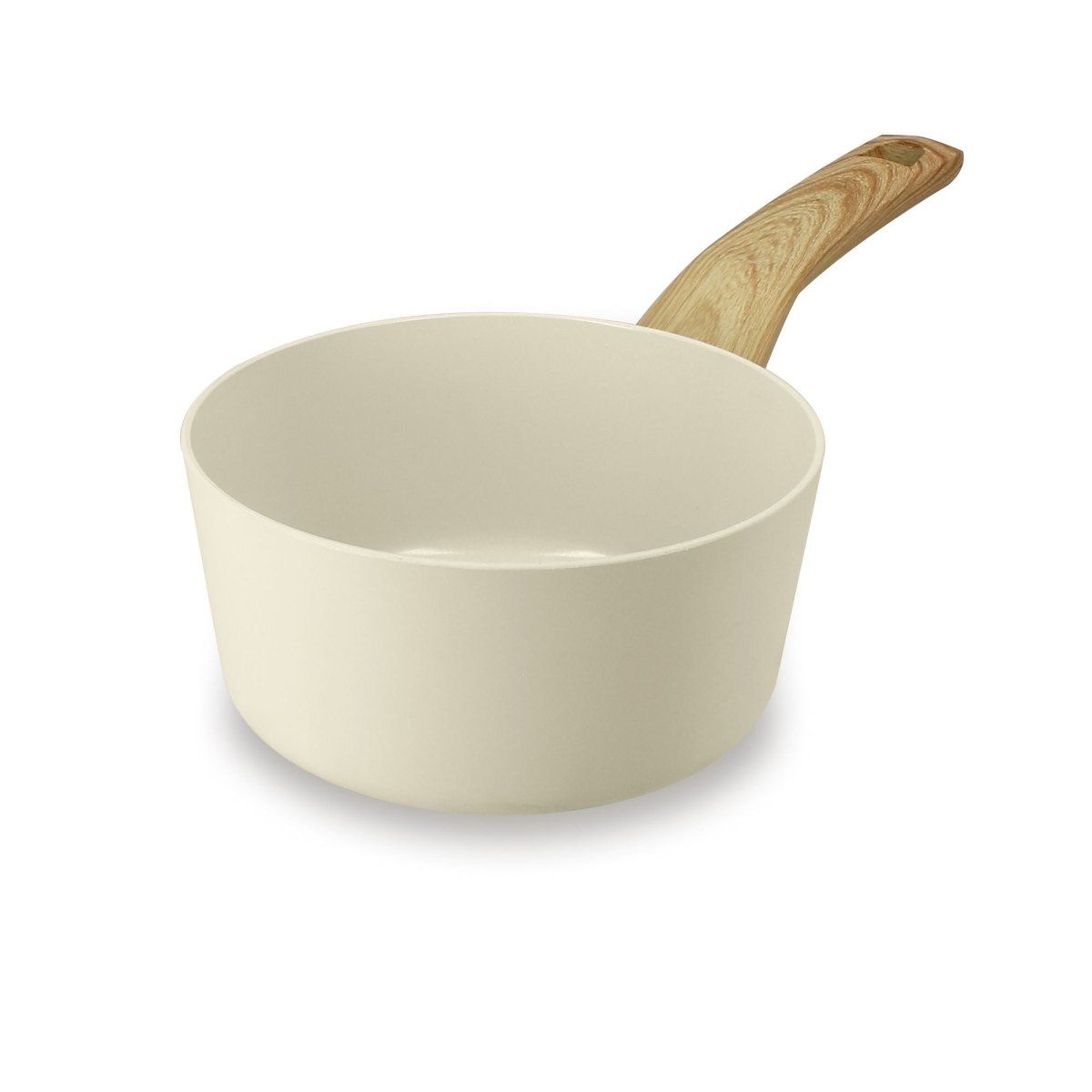 Casserole Colorama 16 cm couleur crème avec manche bois, vue trois quarts sur fond blanc