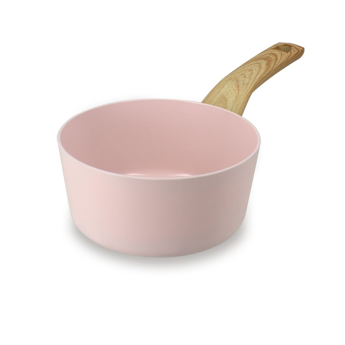 Casserole Colorama 16 cm rose pale avec manche en bois, vue de trois quarts sur fond blanc