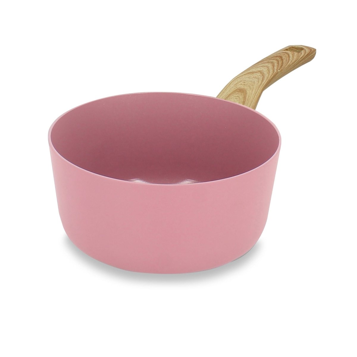 Casserole Colorama 18 cm rose avec manche bois, vue de trois-quarts sur fond blanc