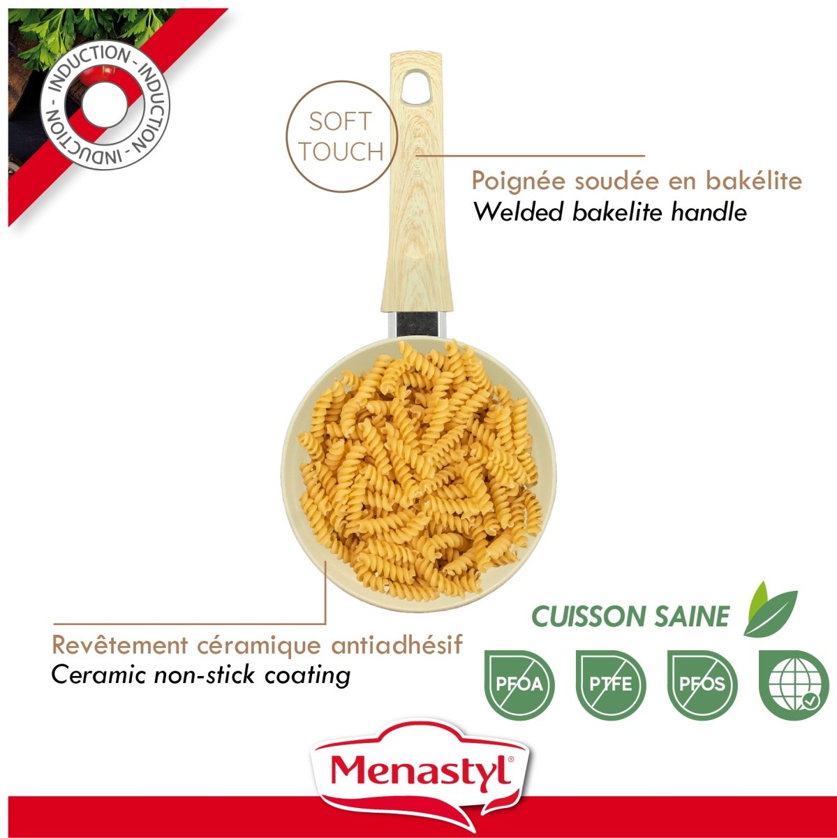 Casserole Colorama 18 cm avec poignée bakélite beige, revêtement céramique antiadhésif et compatible induction