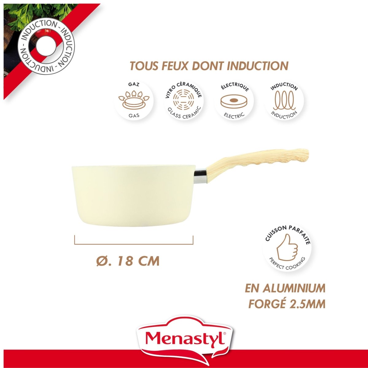 Casserole Colorama 18cm crème avec manche bois, compatible tous feux dont induction, aluminium forgé 2.5mm
