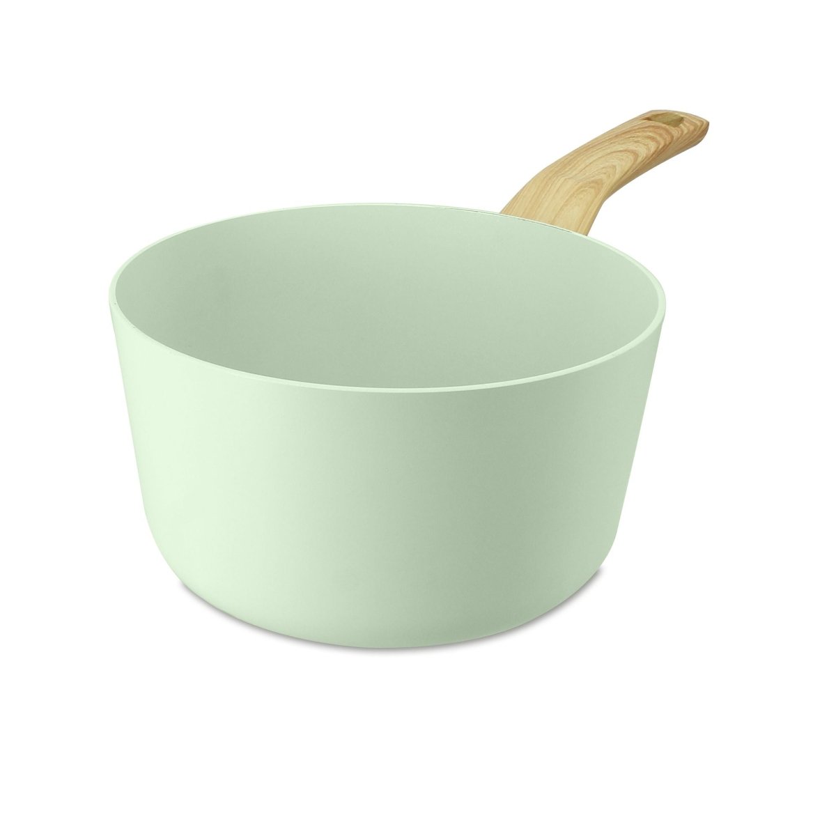 Casserole Colorama 20 cm Menastyl en aluminium vert menthe avec manche bois, vue de trois-quarts