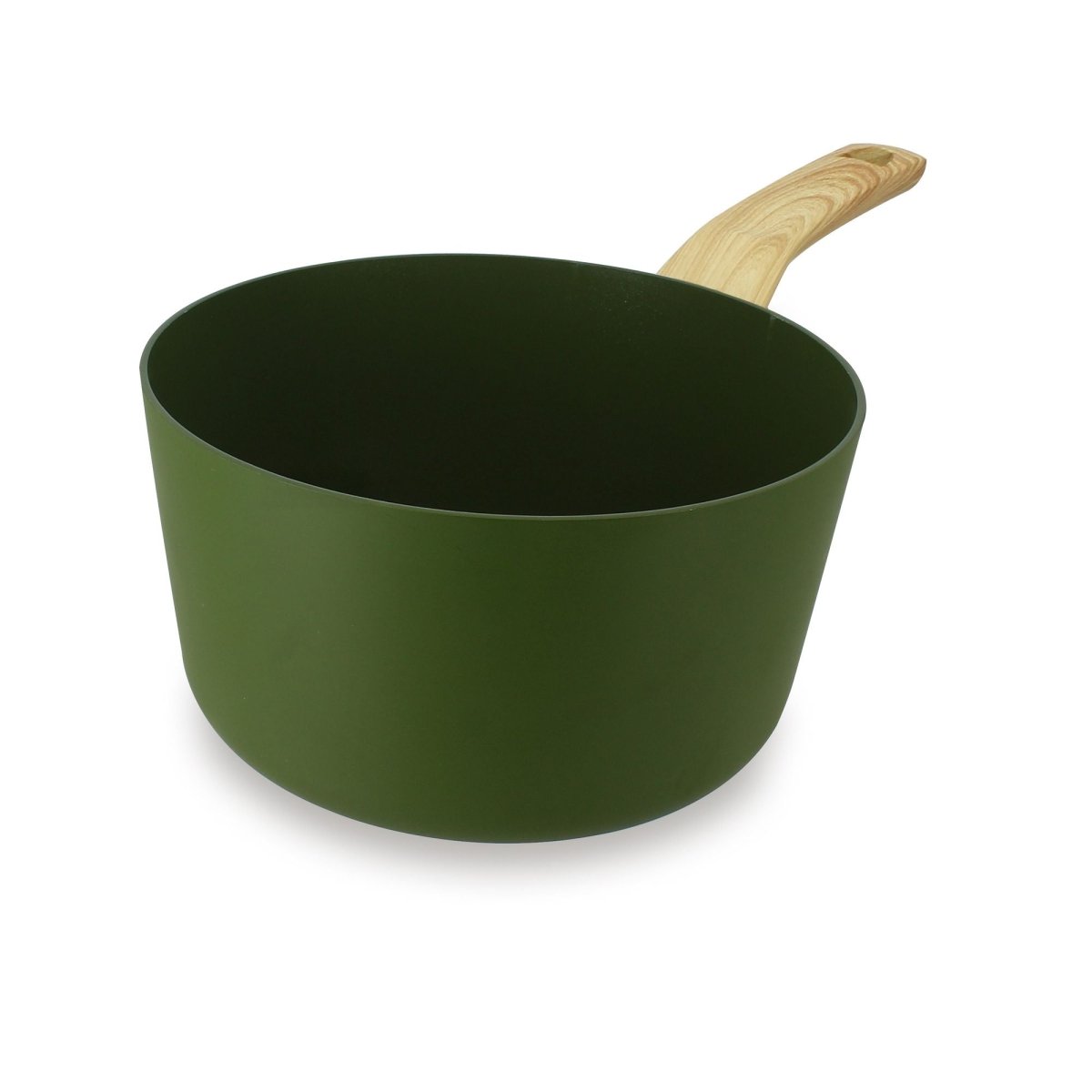 Casserole Colorama 20 cm verte en aluminium avec manche bois, vue trois-quarts sur fond blanc