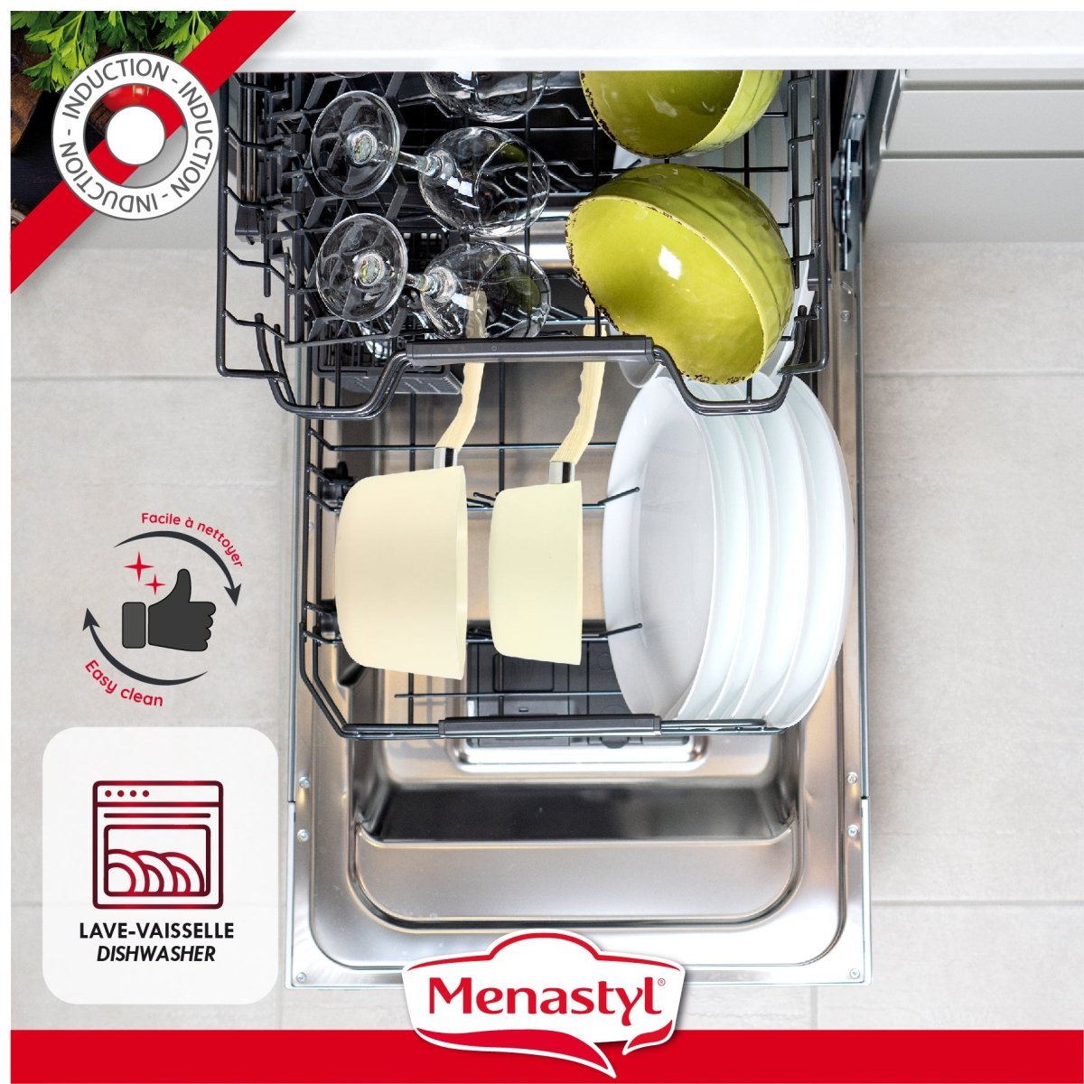 Casserole Colorama 20 cm ouverte dans lave-vaisselle avec assiettes et verres, compatible induction