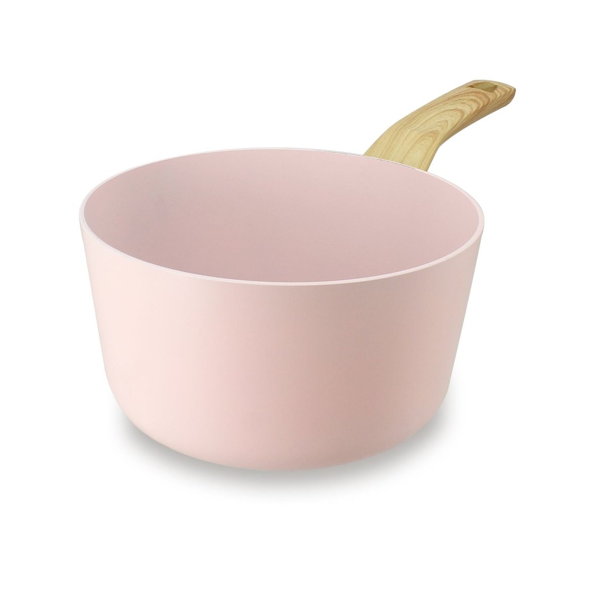 Casserole Colorama 20 cm rose pastel avec poignée bois, vue en perspective sur fond blanc