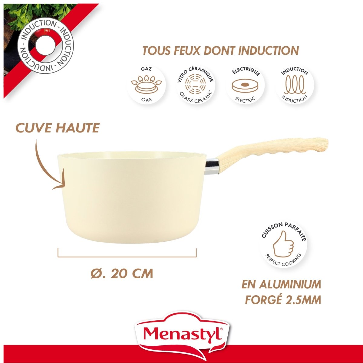 Casserole Colorama 20 cm crème en aluminium avec cuve haute, compatible tous feux dont induction