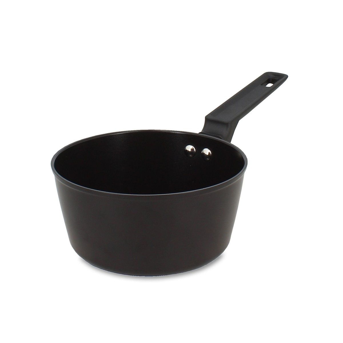 Casserole First 16 cm en aluminium noir Menastyl avec manche ergonomique, vue de trois quarts