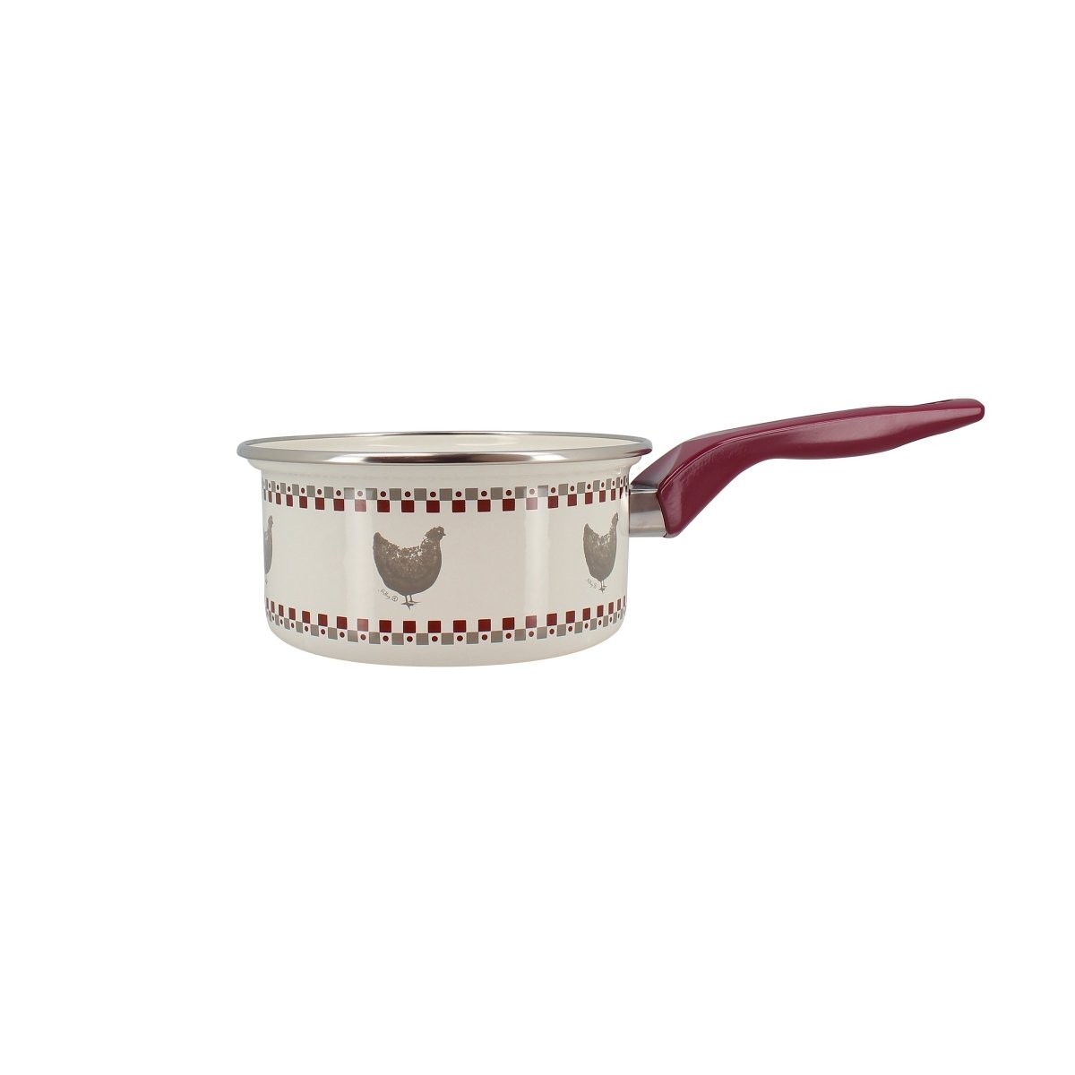 Casserole Gallina 14cm en acier émaillé crème avec décor poules et motifs carreaux, manche bordeaux, vue de profil Menastyl