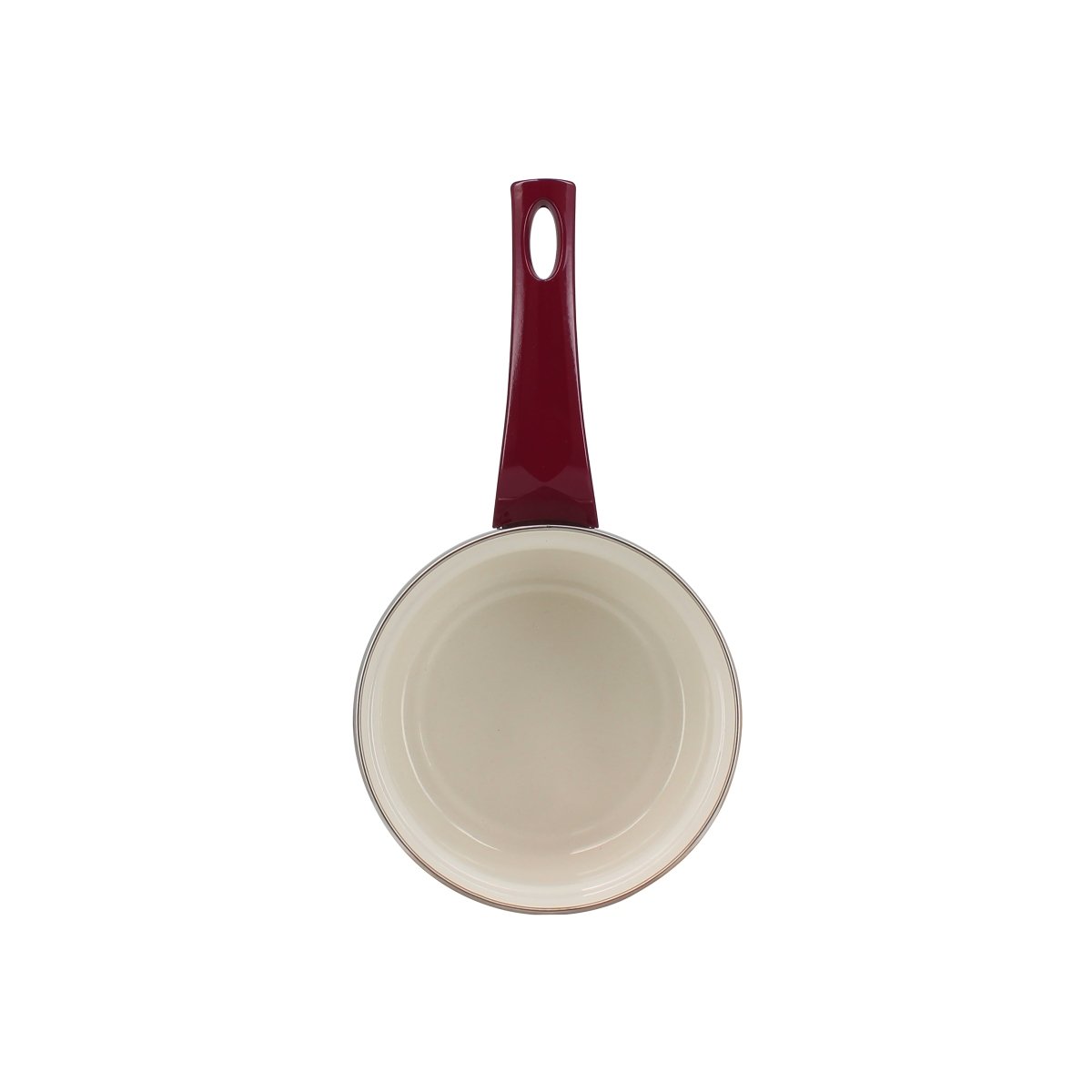 Vue intérieure casserole Gallina 14cm en acier émaillé crème avec manche bordeaux