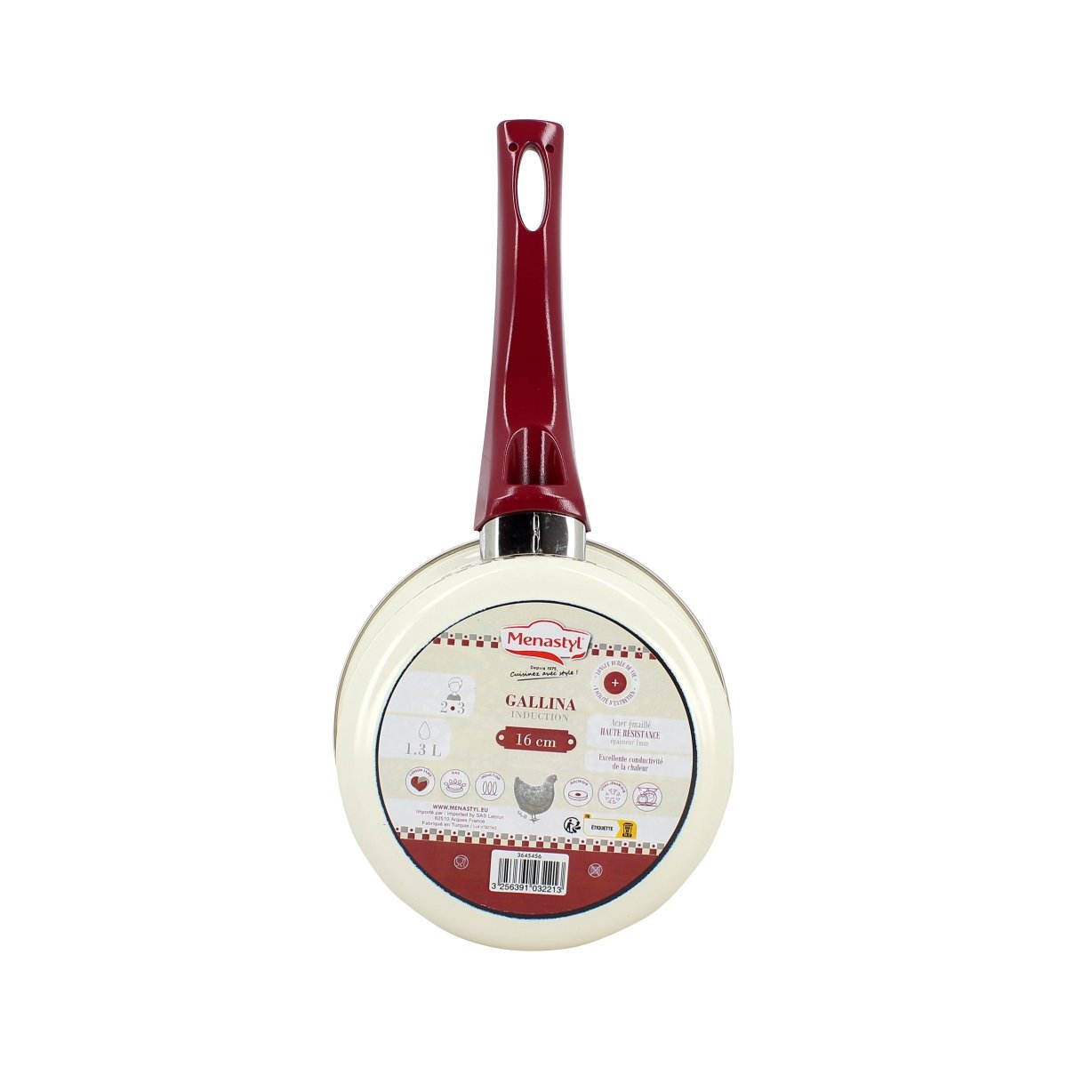 Casserole Gallina 16cm couleur crème avec manche bordeaux, vue de face sur fond blanc