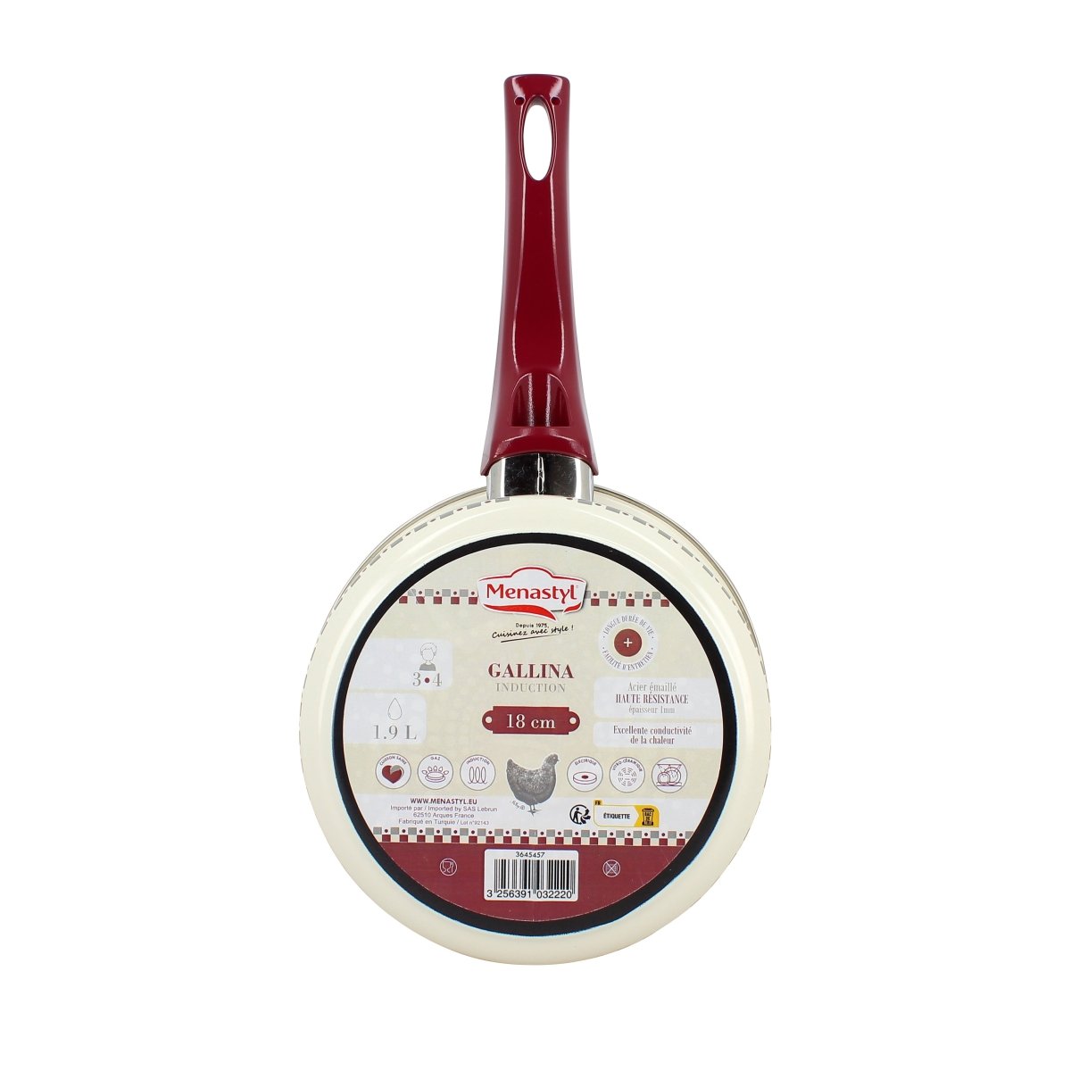 Vue de dessous casserole Gallina 18cm en acier émaillé crème, poignée bordeaux avec système fixation induction